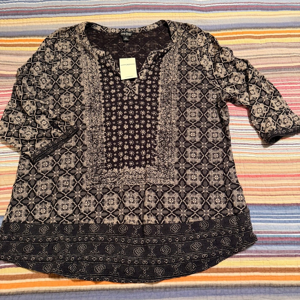 Lucky Brand Womens 1X Black Cream Medallion Print Boho Tunic Top 7Q61773 NEW